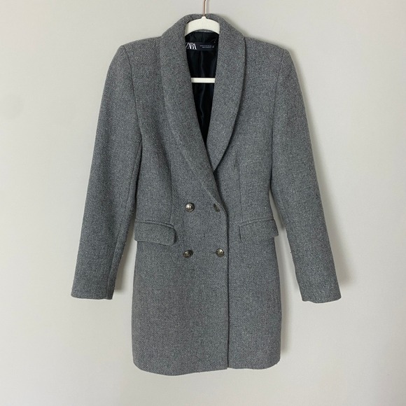 Zara Jackets & Blazers - Zara Double Breasted Long‎ Wool Blend Blazer Jacket Pea coat Womens XS Gray